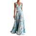 European American Cross-border Women's Blue Tulip Print Dress, Elegant And Flowing, Sleeveless V-neck Chiffon Long Dress_ecoleips.com