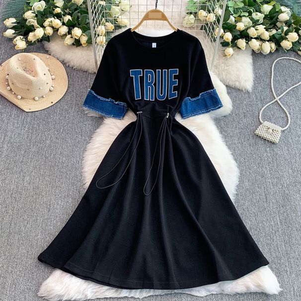 Women's Summer Casual Denim Short Sleeve Dress With Letter Print, Drawstring Waist, Flattering Fit, Mid-Length Knit Blend Dress_ecoleips.com