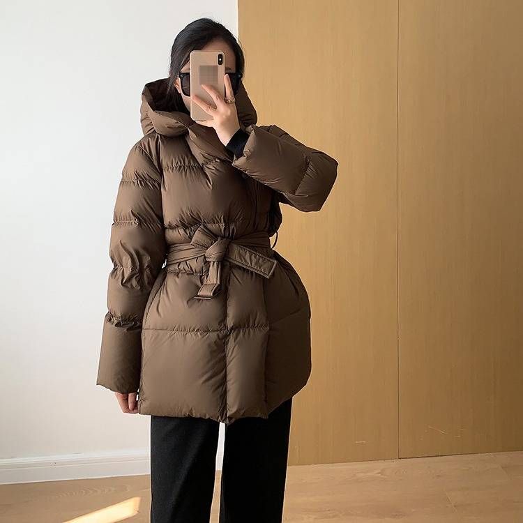 Women's Slim Fit Winter Down Jacket With Waist Belt, Short Puffer Coat, 90% White Duck Down, Elegant & Stylish, 3D Pattern Design_ecoleips.com