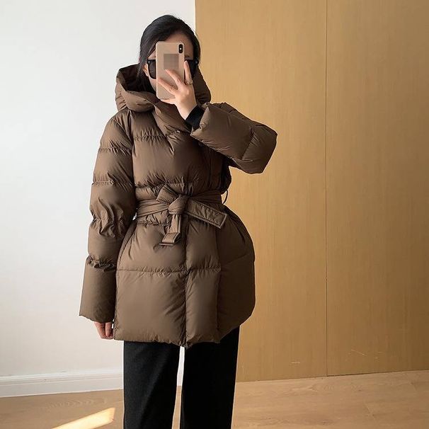 Women's Slim Fit Winter Down Jacket With Waist Belt, Short Puffer Coat, 90% White Duck Down, Elegant & Stylish, 3D Pattern Design_ecoleips.com