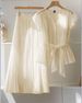 Curvy Women Solid Pleated Two Piece Outfit, V Neck Blouse & Bow Tie Belt Maxi Swing Skirt For Beach Vacation_ecoleips.com