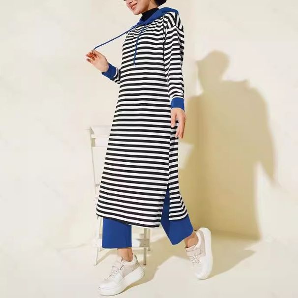 Women's Clothing Muslim Hooded Striped Long Dress Loose Casual Pants Set_ecoleips.com