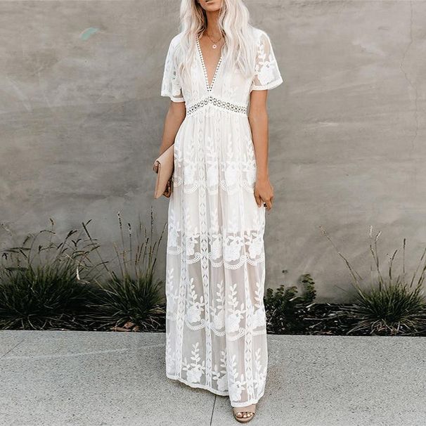 Women's Clothing Spring And Summer Lace Long Sleeved V Neck Solid Color Chiffon Summer Dress_ecoleips.com