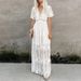 Women's Clothing Spring And Summer Lace Long Sleeved V Neck Solid Color Chiffon Summer Dress_ecoleips.com