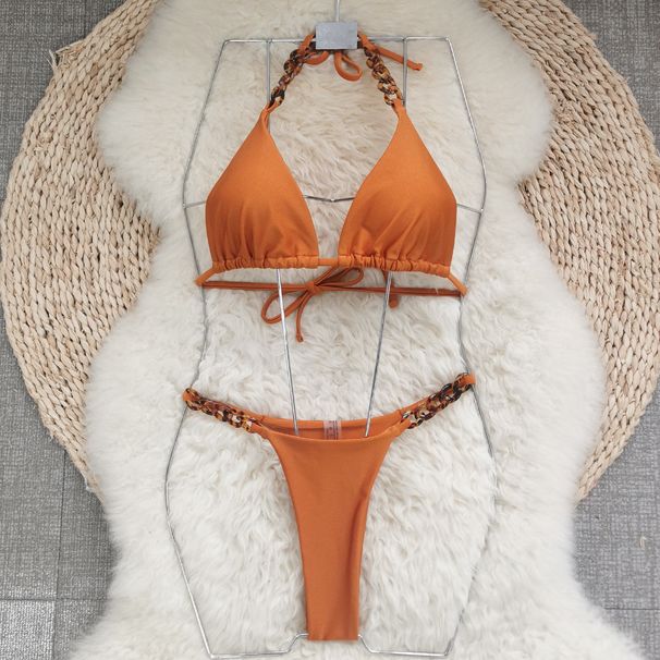Women's Clothing Three Point Halter Neck Straps Sexy Backless Low Waist Bikini Solid Color Split Swimsuit_ecoleips.com