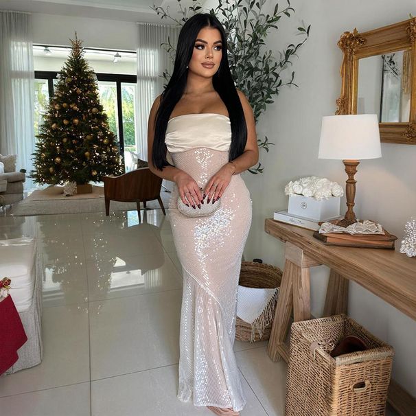 Women's Clothing Sexy Tube Top Dress Satin Splicing Sequin Fishtail Dress Female Dress Long Skirt_ecoleips.com