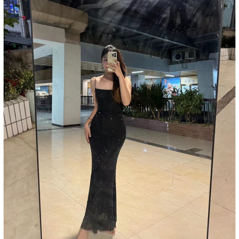 Women's Clothing High Grade Nude Glitter Suspender Dress High End Luxury Niche Party Birthday Sexy Dress Long Skirt_ecoleips.com