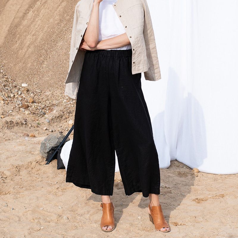 Suitable For All Seasons Linen Cotton Washed For Women 2025 Summer New Loose Casual Solid Color Elastic Waist Simple Nine-Point Wide-Leg Pants_ecoleips.com