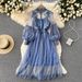 Women's Clothing Three Dimensional Flower Mesh Temperament Stand Up Collar Lantern Sleeves High Waist Slim Suspender Two Piece Suit Fairy Dress_ecoleips.com