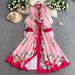 Women’s Clothing Palace Style Stand Collar Lantern Sleeve Dress For Women Summer Single Breasted Waist Slim Print Long Skirt_ecoleips.com