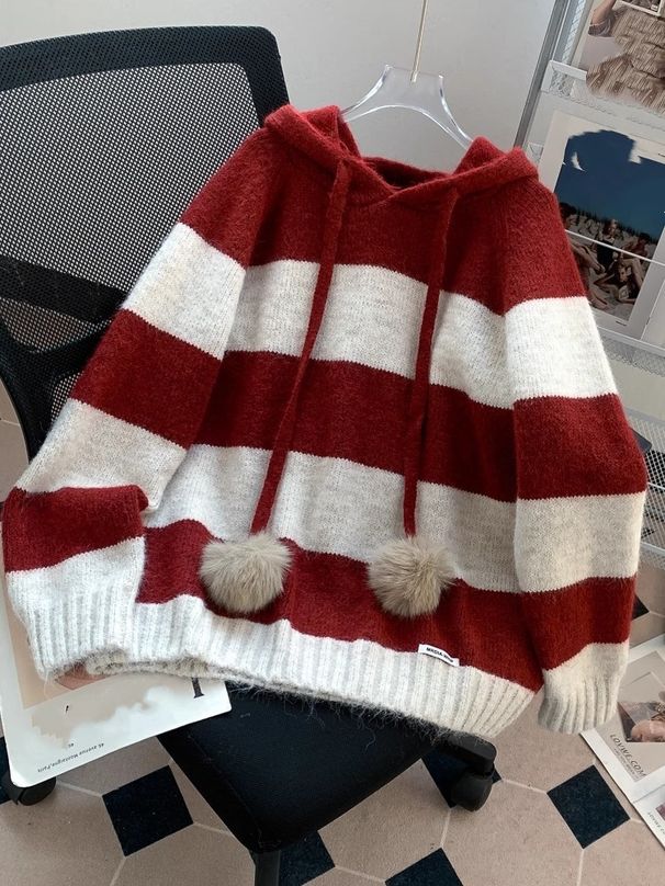 Striped Hooded Sweater – Oversized Pullover Knit With Contrast Trim (One Size, Red/Gray, Cozy Arctic Fleece Blend For Winter, Korean Lazy Style)_ecoleips.com