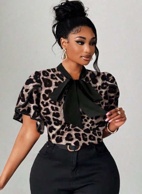 Curvy Women Heart Print Contrast Ruffle Bow Neck Blouse, Romantic Chic Spring Summer Date Party Shirt_ecoleips.com