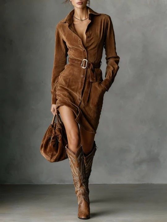 Shirt Collar Button-Down Dress With Pockets – Long Sleeve Asymmetrical Hem Dress For Women, Casual & Office Wear (Light Brown/Dark Brown)_ecoleips.com
