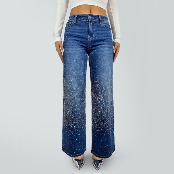 Women's European American Style Starry Rhinestone Denim Jeans Loose Straight Leg Casual Trousers Sparkly Street Style Long Pants_ecoleips.com