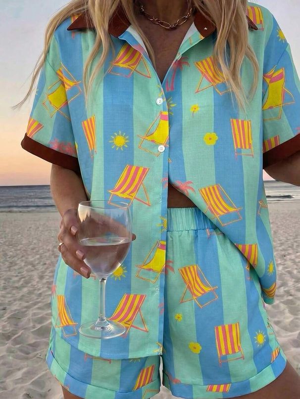 Women's Summer Print Collared Shirt And Shorts Set Short Sleeve Resort Style Clothing Markets_ecoleips.com