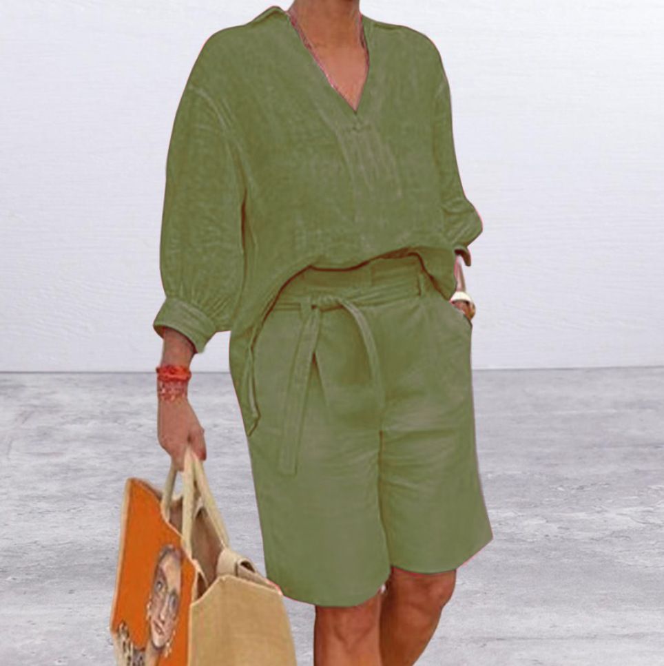 Women's Relaxed Fit Cotton-Linen 2-Piece Set Short Sleeve Top And Shorts Casual Lounge Wear in Versatile Solid Colors_ecoleips.com