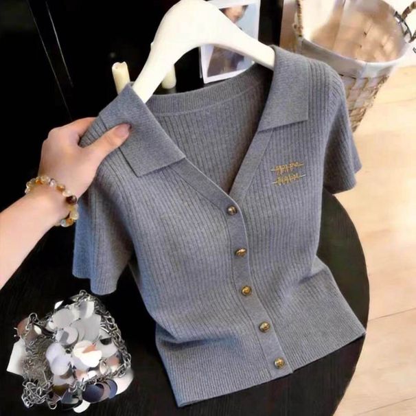 Women's Korean-Style Short-Sleeve Knit Top – Slim-Fit Lapel Collar, Breathable & Elegant (Navy/Beige/Gray/Black, One-Size Fits 90-135 Lbs)_ecoleips.com