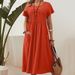 Women's Clothing Women's Long Skirt New Solid Color Round Neck Pocket Pleated Short Sleeve Cotton And Linen Dress_ecoleips.com