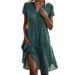 Women's Clothing Summer Long Skirt Casual Loose V Neck Short Sleeved Printed Polka Dot Shirt Dress For Women_ecoleips.com