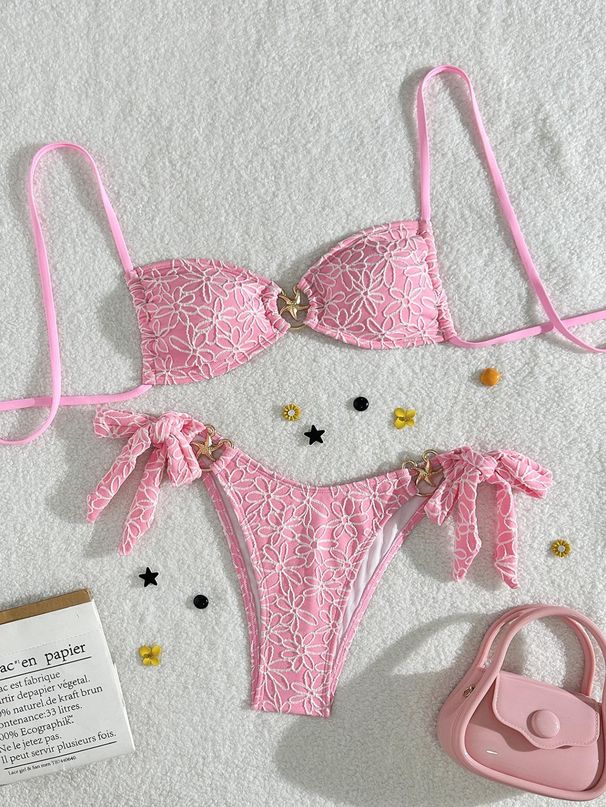 Women's Sexy Halter Neck Two Piece Swimsuit Bikini European American Style Embroidered Special Fabric Trendy Beachwear_ecoleips.com