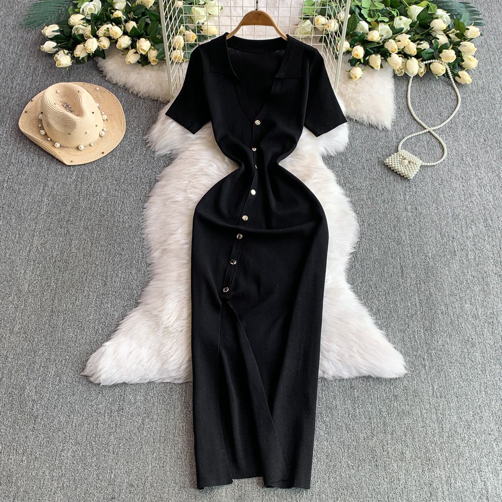 Women's Clothing V Neck Single Breasted Dress Feminine Knitted Waist Slimming Slit Long Skirt_ecoleips.com
