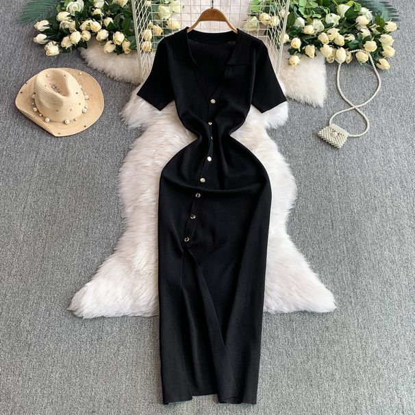 Women's Clothing V Neck Single Breasted Dress Feminine Knitted Waist Slimming Slit Long Skirt_ecoleips.com