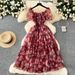 Women's Clothing Tea Break Retro Gentle Style Floral Chiffon Dress Female Waist Temperament One Shoulder Puff Sleeve Mesh Skirt_ecoleips.com