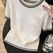 Color Blocked Knit T-Shirt For Women Luxury Design Slimming Top Striped Summer New Style Short Sleeved Loose Fit_ecoleips.com
