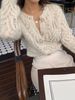 Women Lightweight Breathable Hollow Lace Knit Cardigan Crew Neck Pearl Button Long Sleeve Sheer Loose Knit Jacket_ecoleips.com
