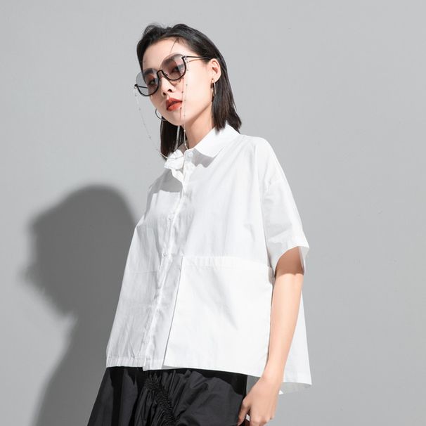 Summer Dark Simple Shirt Trend Designer Style Irregular Short Sleeve Women's Blouse_ecoleips.com