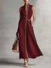 Women's Cotton Linen V-Neck Sleeveless Dress with Waist Belt - Elegant Fashion Spring/Summer Casual Thin Dress_ecoleips.com