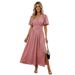 Women's Solid Color Deep V Neck Smocked High Waist Maxi Dress With Side Slit – Casual Flowy Summer Gown_ecoleips.com