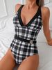 Women's Plaid One Piece Swimsuit V Neck Summer Fashion Slim Fit Polyester Swimwear For All Seasons_ecoleips.com