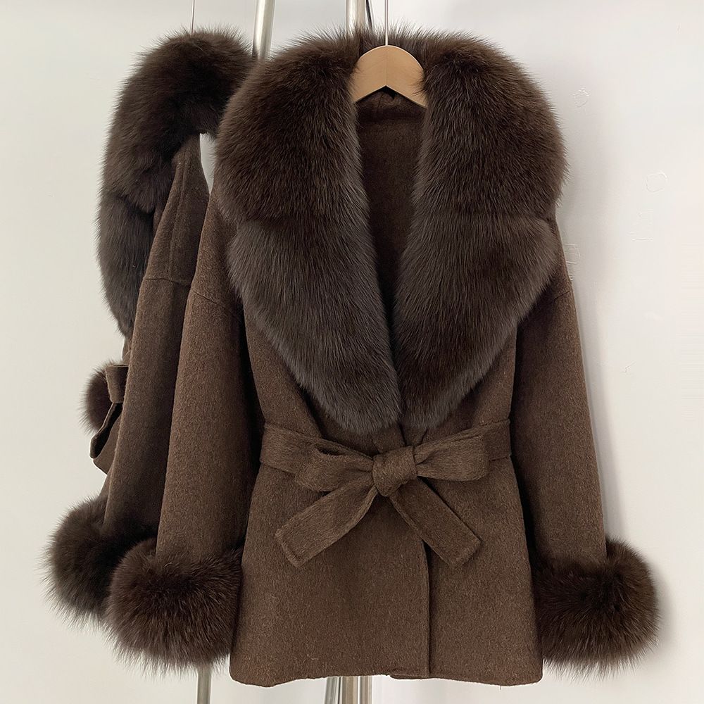Luxury Double-Faced Wool Coat With Fox Fur Collar – Mid-Length Winter Blazer Style Coat For Women (70% Wool Blend, Detachable Belt)_ecoleips.com
