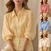 Striped Three Quarter Puff Sleeve Elegant Collared Shirt For Women Bestseller Women's Clothing Tops_ecoleips.com