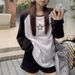 Contrasting Color Ragged Long-sleeved Loose T-shirt Women's Autumn High-end Embroidered Casual Top Round Neck Inner Bottoming Shirt_ecoleips.com