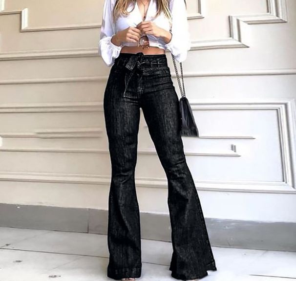 Women’s Clothing High Waisted Slightly Elastic Lace Up Flared Pants Wide Leg Pants Women's Jeans_ecoleips.com