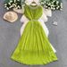 Women's Clothing Light Luxury Celebrity Heavy Beaded Round Neck Dress Female Summer Waist Slimming Pleated Elegant Dress Long Skirt_ecoleips.com