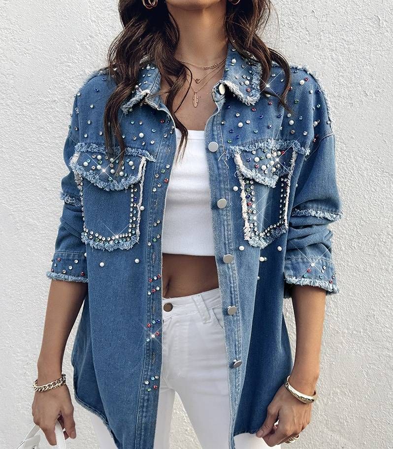 Women's Embroidered Denim Jacket – Long Sleeve Distressed Blue Jean Coat With Beaded Accents (Sizes S-XL)_ecoleips.com