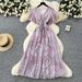 Women's Clothing Summer Slimming Ruffled Floral Dress V Neck Short Flutter Sleeve Lace Up Waist Cinching_ecoleips.com