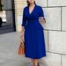 Sophisticated Double-Breasted Midi Dress With Belt – Women's Stretch Polyester Blazer Dress For Fall/Winter (S-XXXL, Office To Evening Elegance)_ecoleips.com