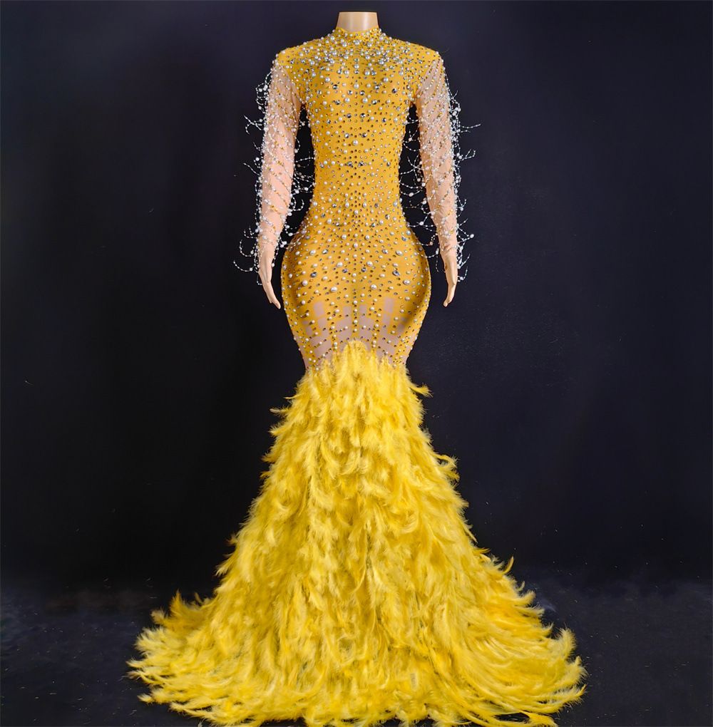 Women’s Clothing Fashion Sexy Mesh Hot Diamond Perspective One Piece Feather Long Dress Evening Dress Stage Performance Costume Ym_ecoleips.com