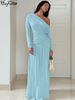 Hugcitar Fashion One Shoulder Solid Long Sleeve Ruched Sexy Bodycon Pleated Maxi Dress Autumn Women Clothes Party Festival_ecoleips.com