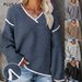 Women's Oversized V-Neck Knit Sweater With Contrast Trim, Casual Loose Fit Pullover Top For Fall & Winter_ecoleips.com