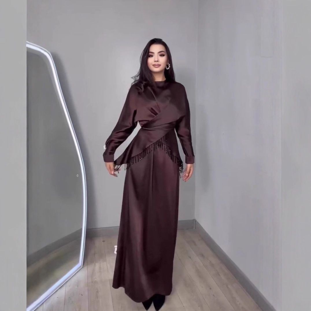 Women's Clothing Elegant Winter Dress Set – Long Sleeve Flowy Maxi Dress With Fringe Detail, High-Waisted Polyester Blend, Deep Brown, S-XXL_ecoleips.com