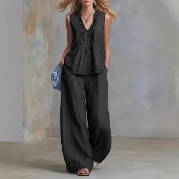 2026 European And American Cross-border Women's Fashion Solid Color V-neck Ruched Loose Sleeveless Casual Long Pants_ecoleips.com