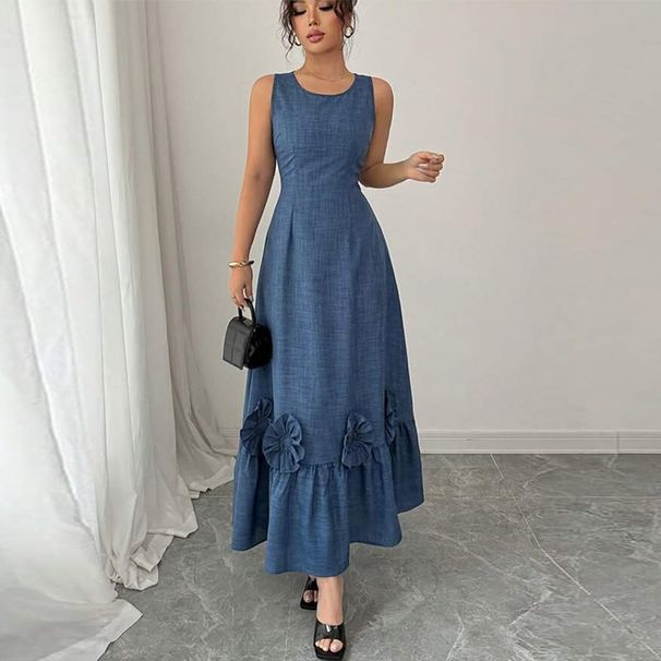 Women's Clothing Sleeveless Round Neck Tie Flower Denim Casual Simple Long Skirt_ecoleips.com