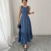 Women's Clothing Sleeveless Round Neck Tie Flower Denim Casual Simple Long Skirt_ecoleips.com