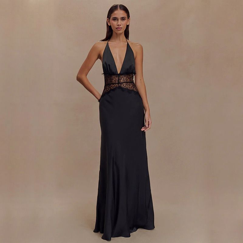 Absobe Summer Backless Sexy Maxi Dress Women Backless Patchwork Lace Halter Deep V Neck Sleeveless High Waist Elegant Long Dress_ecoleips.com