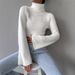 Winter Fashion Women's High Neck Cropped Faux Fur Knit Sweater With Bell Sleeves For Streetwear Outfits (White/Black, S/M/L)_ecoleips.com
